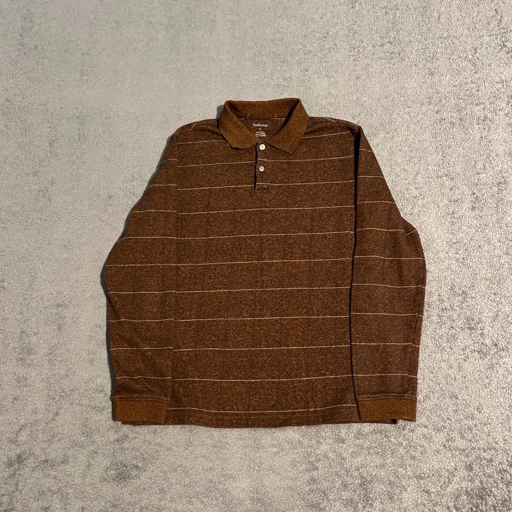 Vintage Van Heusen Mens Long Sleeve Polo Shirt Brown Striped Small Minimalist